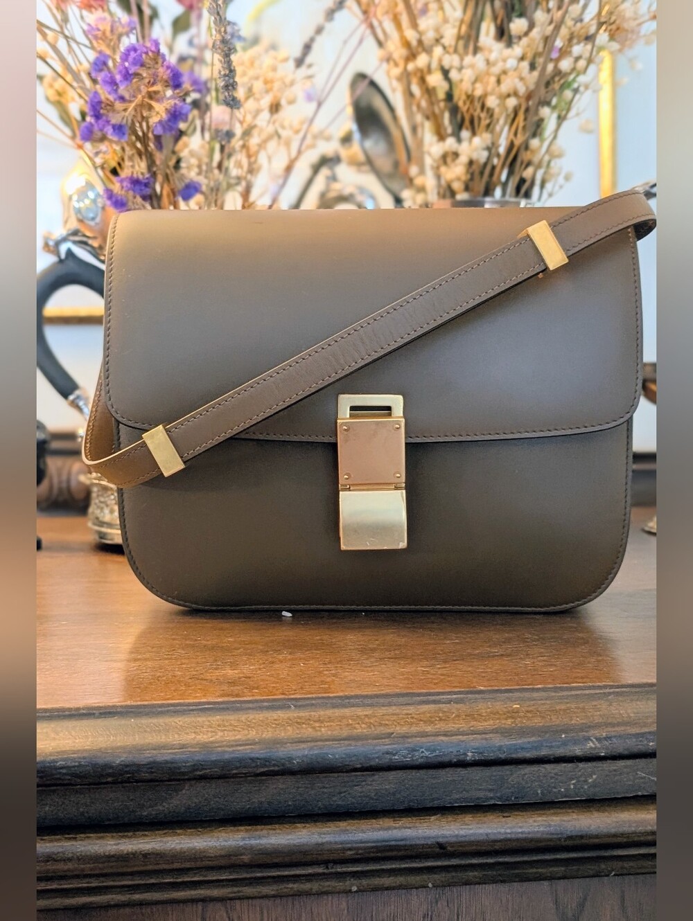 Celine Classic Box Flap Bag in brown smooth calfskin leather